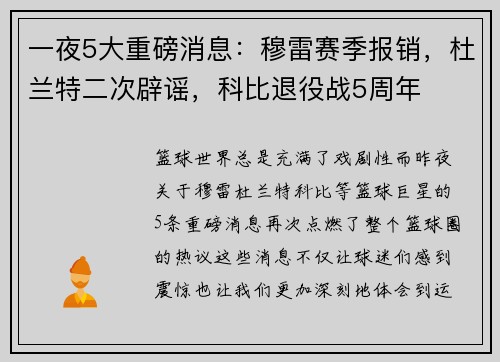 一夜5大重磅消息：穆雷赛季报销，杜兰特二次辟谣，科比退役战5周年